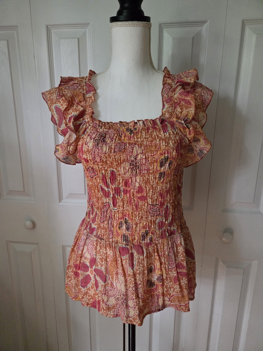 Nanette Lepore Pink Orange Floral Smocked Ruffle Tank